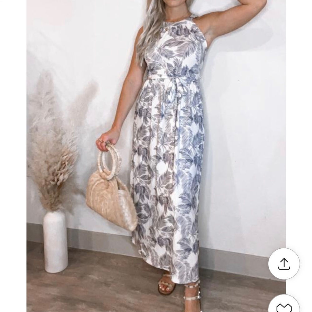 Navy Blue Palm Tree Print Dress